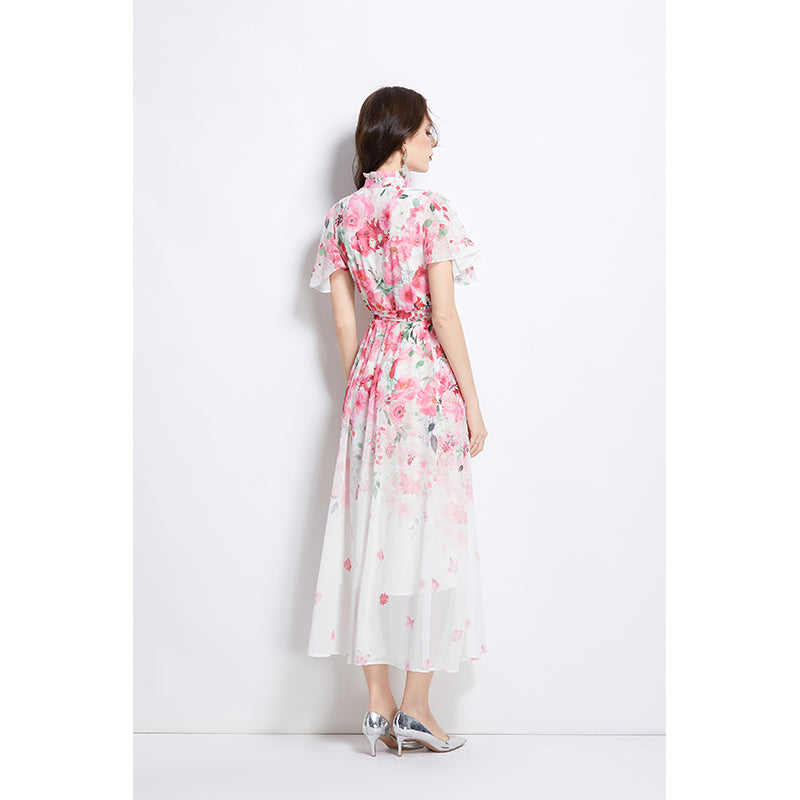 Original design for spring and summer small flying sleeves, ruffled edges, floral patterns, colorful waist cinched stand up collar dress