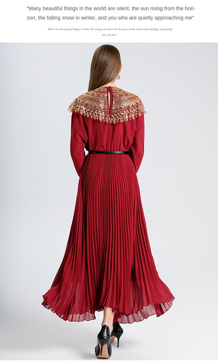 Original design premium pleated belt with gold beaded sequins draped over a chiffon pleated jumpsuit