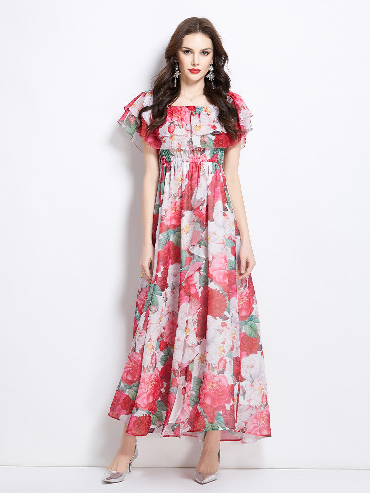 Original design for spring and summer ruffle edge one piece collar, waist cinched, big swing beach skirt, split chiffon dress