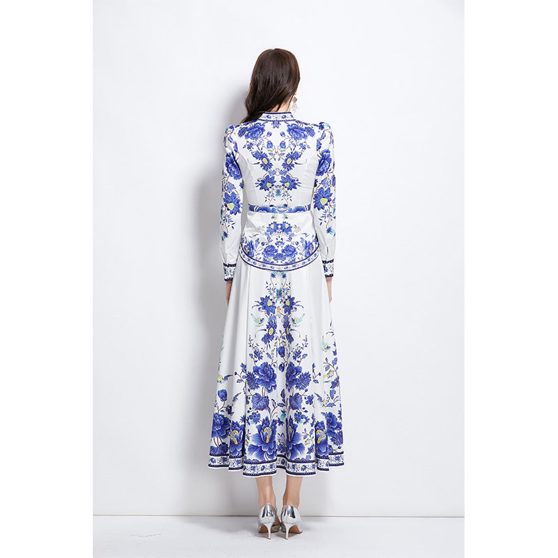 Original design for spring and summer ethnic style shirt top mid length skirt set