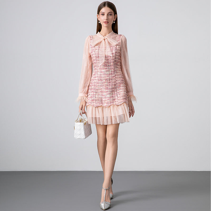 Original design: spring, summer, autumn, art lace stitching, colored tweed, small fragrance, big bow, ostrich feather dress