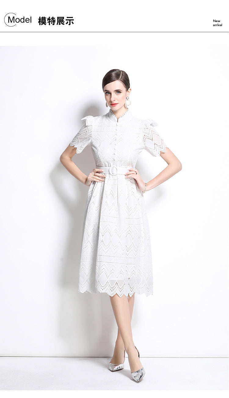 Original design elegant patchwork waist cinching short sleeved dress