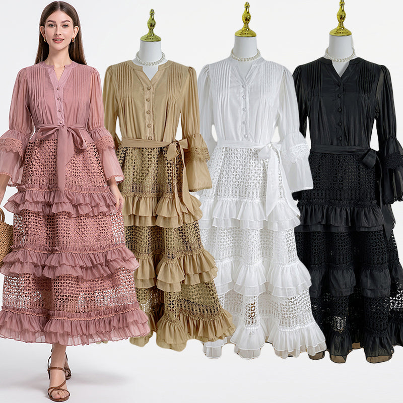 French retro court-style cut-out lace patchwork with fungus trim and flared sleeves at the waist
