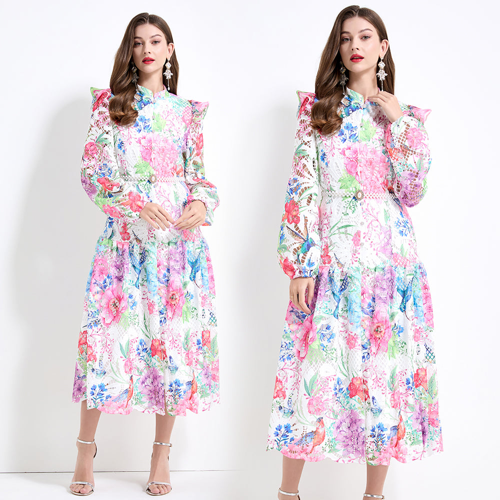 Original design - Spring/Summer vintage stand collar floral print heavy industry water-soluble long waist lace dress
