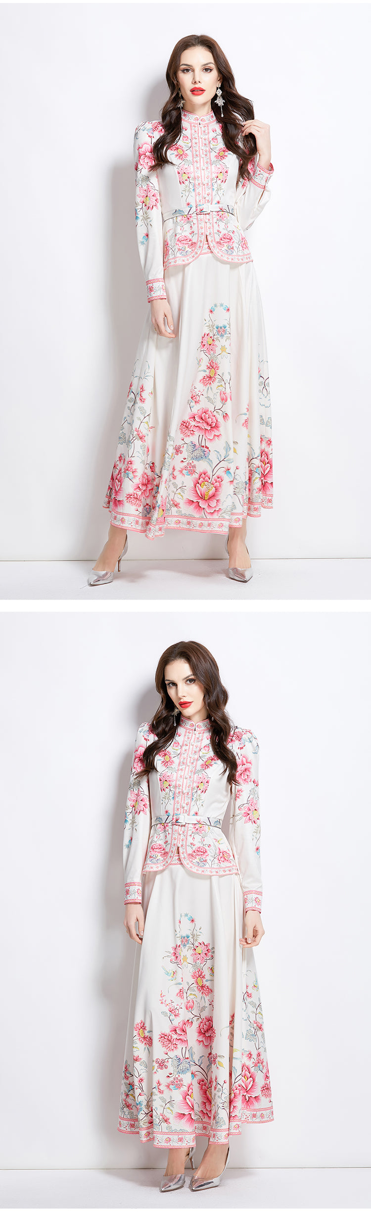 Original design for spring and summer ethnic style shirt top, mid length skirt set