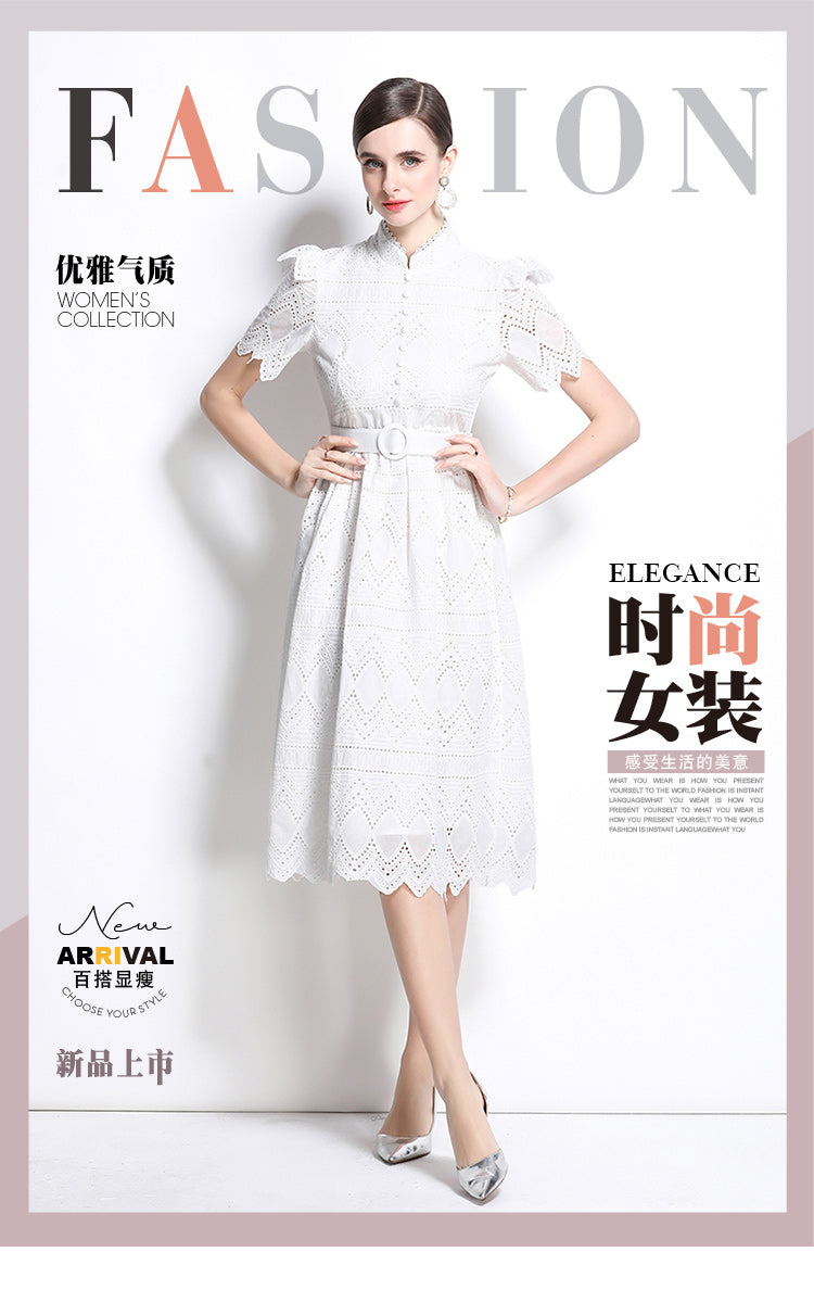 Original design elegant patchwork waist cinching short sleeved dress
