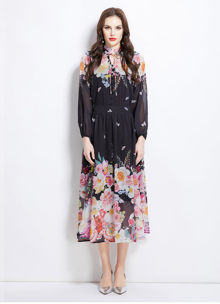Original Design Spring Summer Autumn Vacation Lantern Sleeve Chiffon Shirt High Waist Half Skirt Two Piece Set