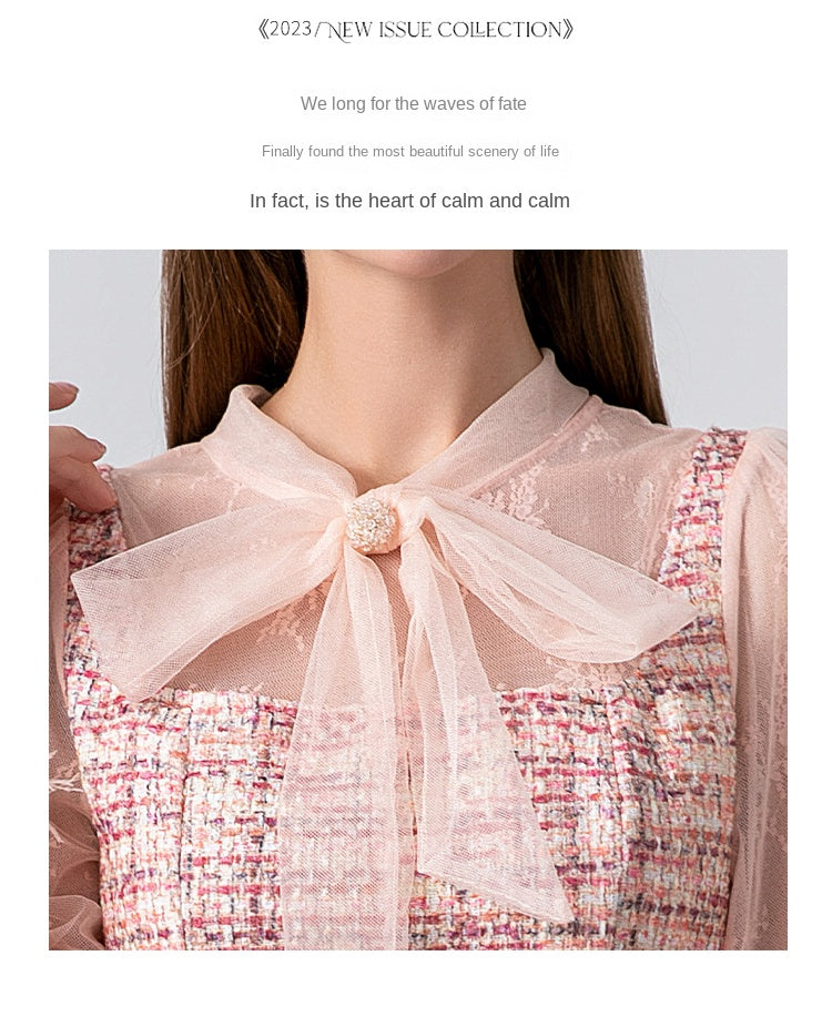 Original design: spring, summer, autumn, art lace stitching, colored tweed, small fragrance, big bow, ostrich feather dress