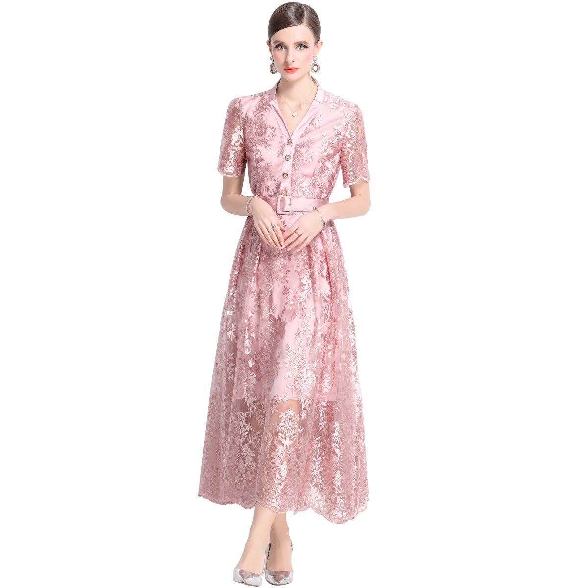 Original design mesh embroidered long dress with pockets, V-neck slim fit dress and belt