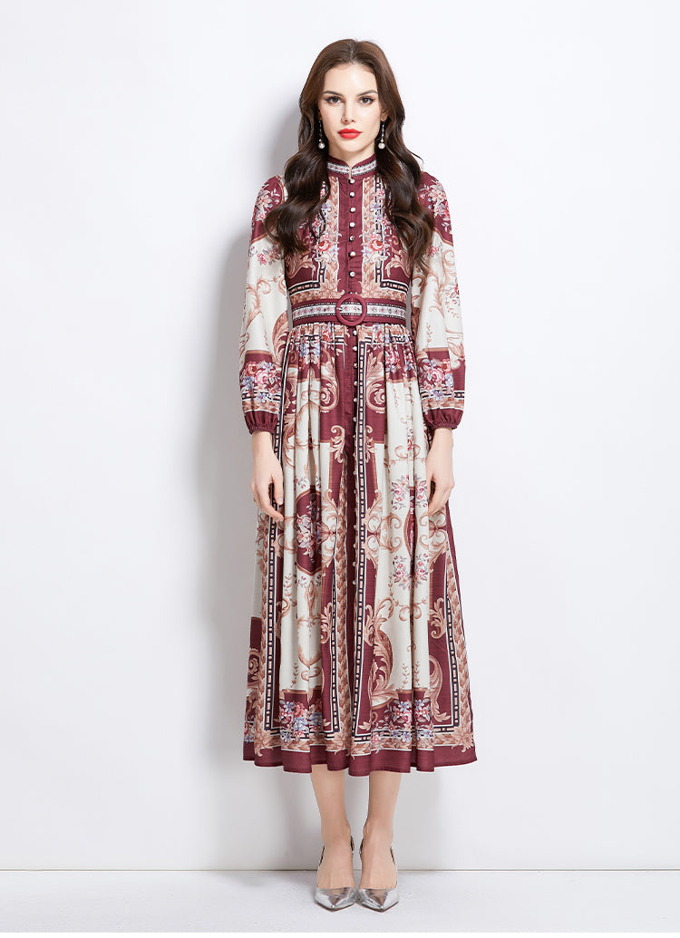 Original design: Spring/summer new court-style pattern stand-up collar long dress