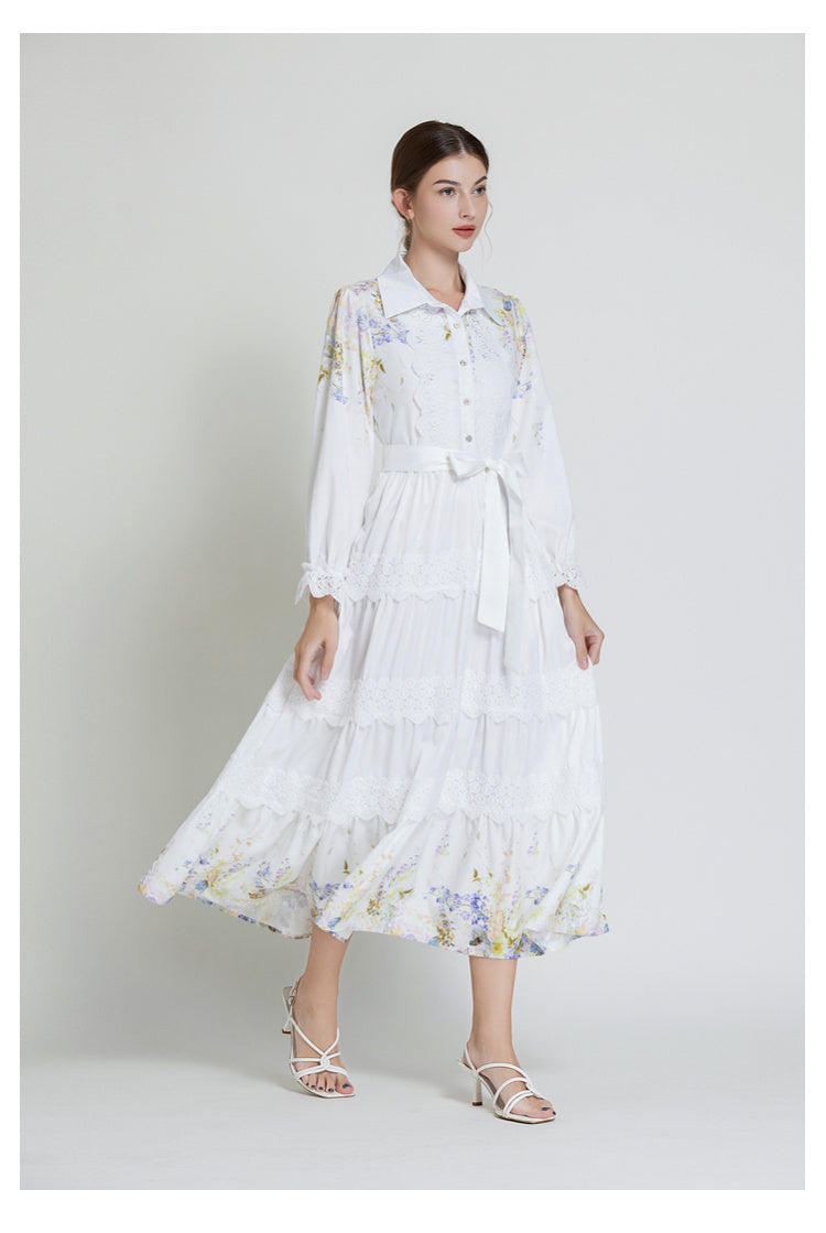 Original design fashionable bohemian lapel lace border lantern sleeves cinched waist long printed dress