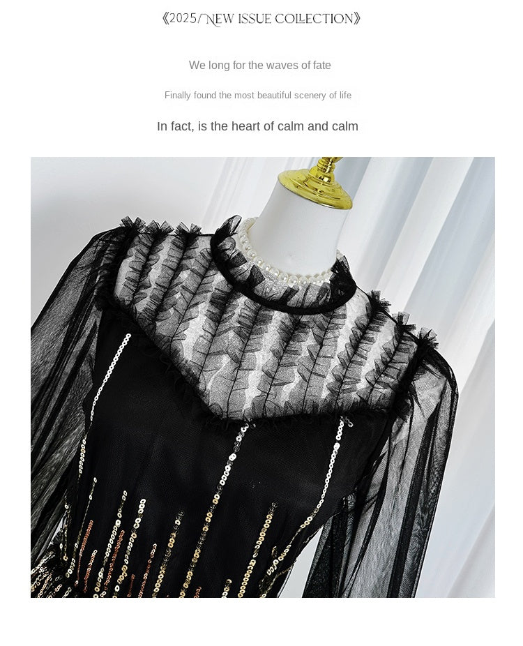 Meizhonggong embroidered sequins mesh stitching fungus edge temperament dress dress