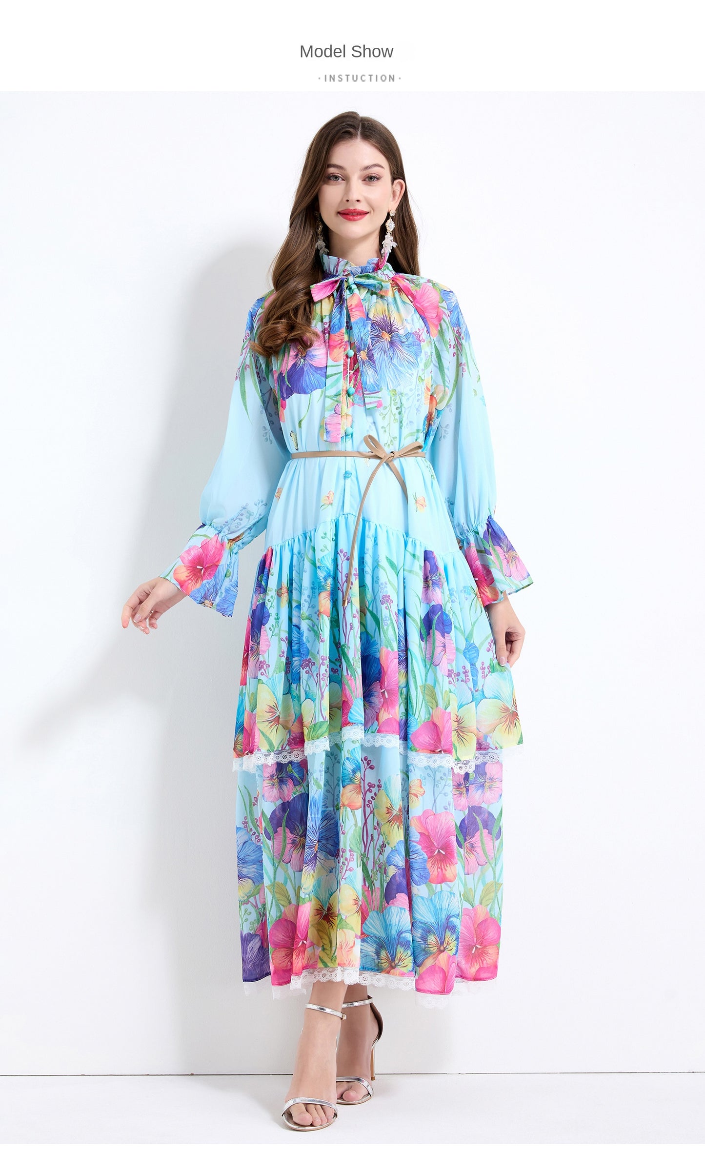 Original design - spring and summer fake lace cake skirt floral print waist ruffle skirt
