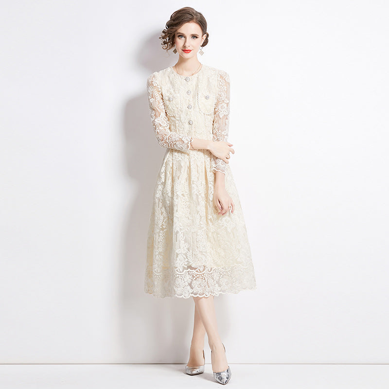 Original design for spring and summer long sleeved small fragrance style set light luxury temperament water-soluble lace skirt two-piece set