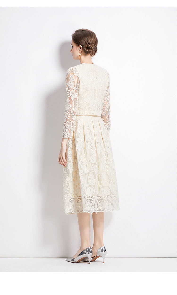 Original design for spring and summer long sleeved small fragrance style set light luxury temperament water-soluble lace skirt two-piece set