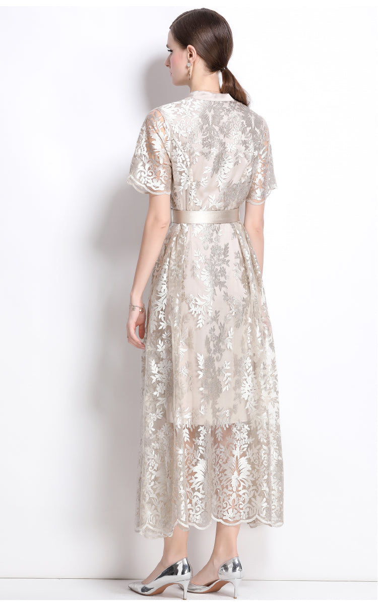 Original design mesh embroidered long dress with pockets, V-neck slim fit dress and belt