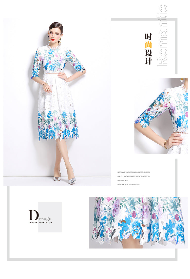 Original design mid long sleeved fashionable slimming hollow out water-soluble lace positioning mid length dress