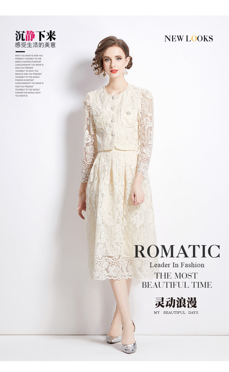 Original design for spring and summer long sleeved small fragrance style set light luxury temperament water-soluble lace skirt two-piece set