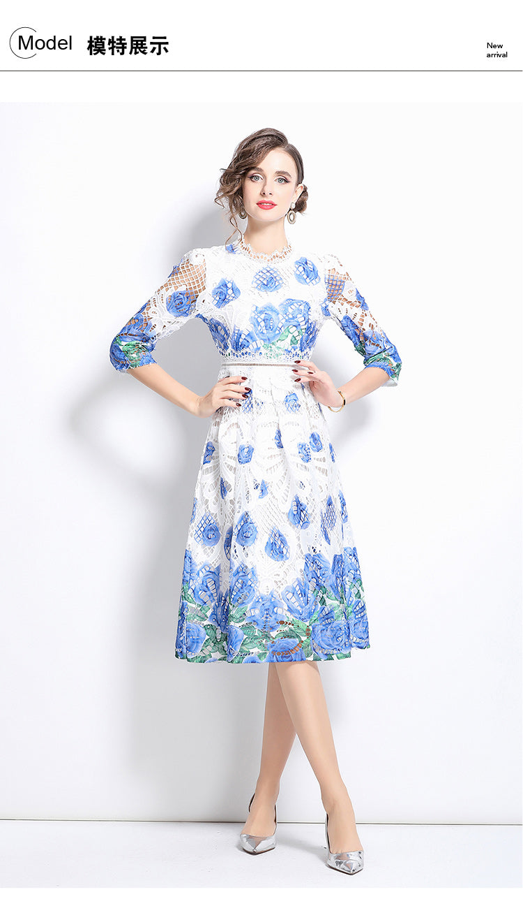 Original design mid long sleeved fashionable slimming hollow out water-soluble lace positioning mid length dress