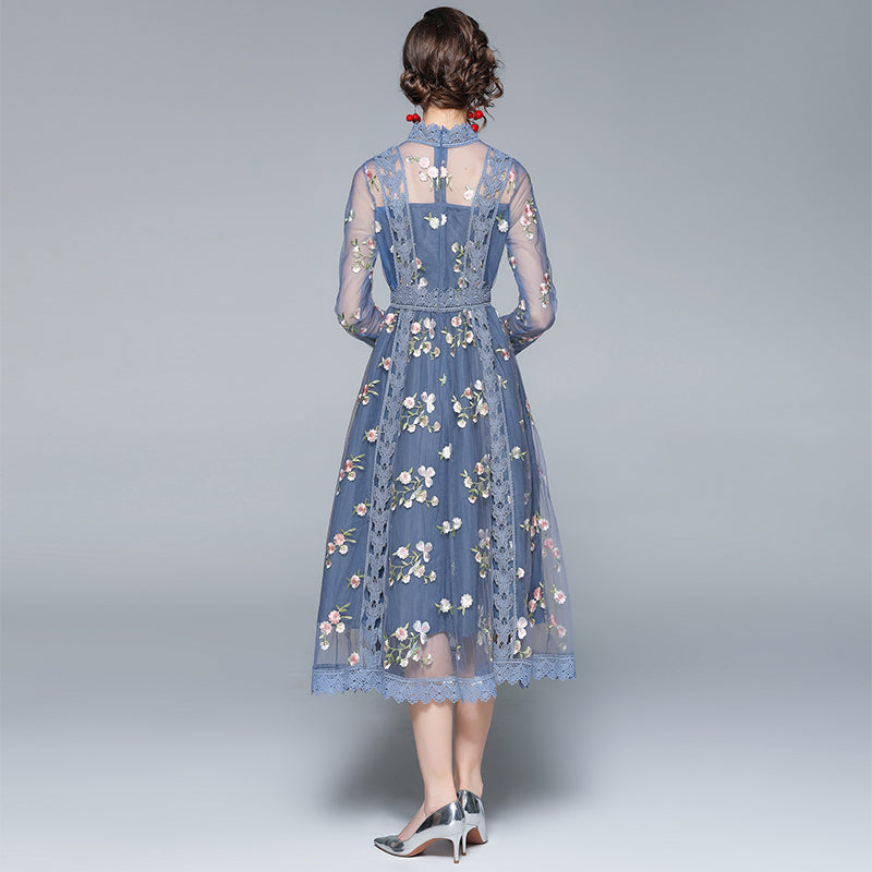 Original Design Heavy Industry Fine Embroidery Mesh French Long Style Super Fairy Sweet Dress