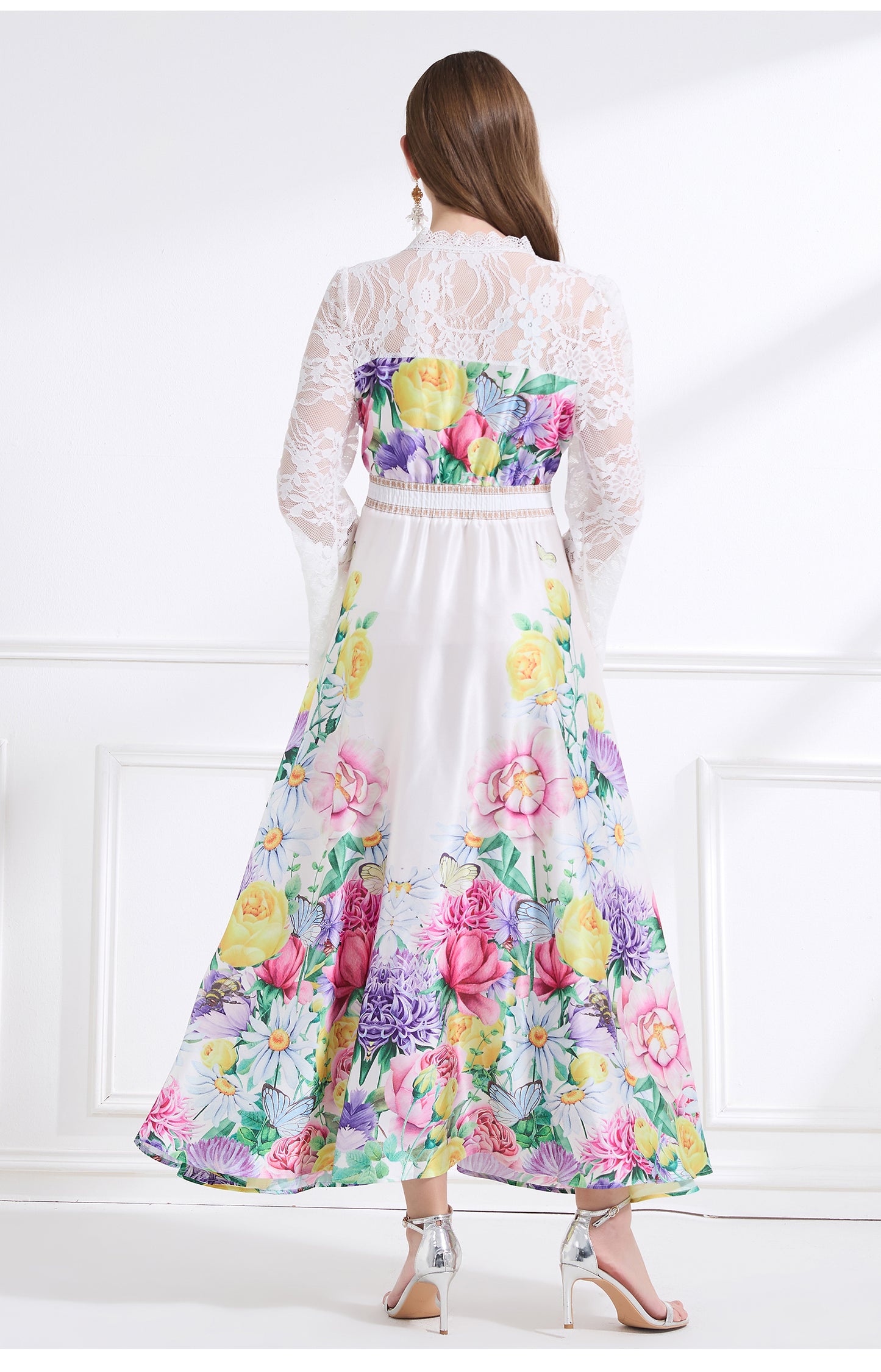 Original design - spring and summer resort style lace patchwork print waist maxi skirt ruffle dress