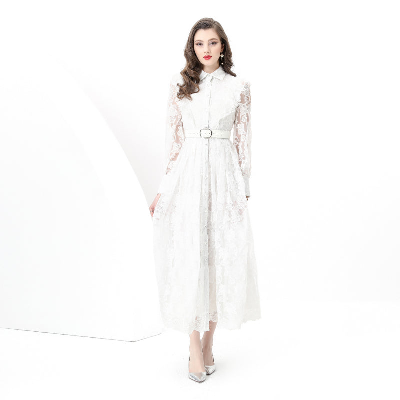 Original design: Spring, Summer, Autumn, Vacation lapel style, embroidered lace, balloon sleeves, lace, long vintage dress