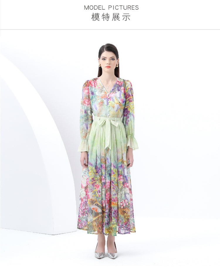 Original design - spring and summer real shot - spot light luxury heavy work chiffon splicing tape embroidery high-waisted thin temperament dress
