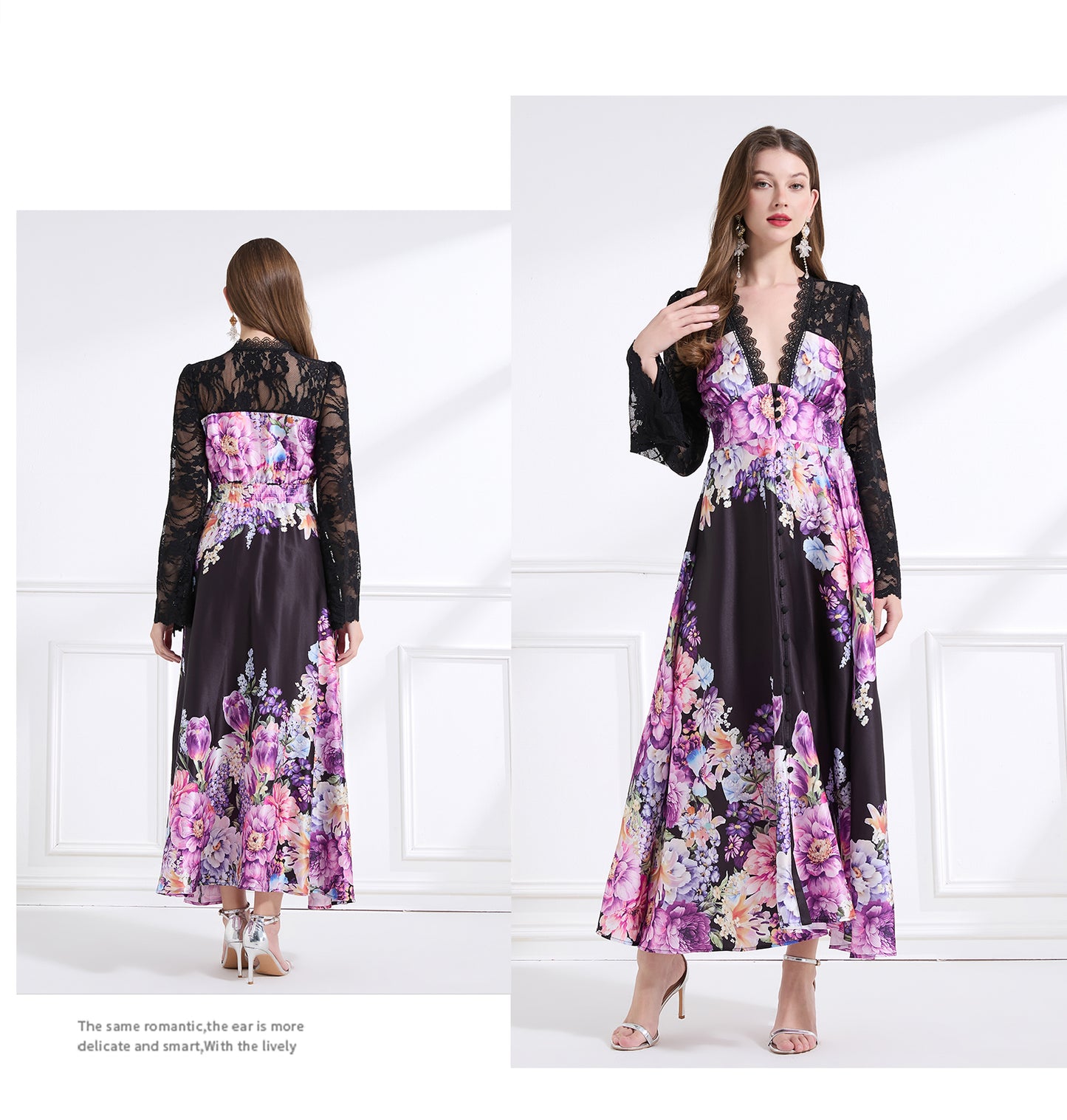 Original design - resort-inspired lace patchwork print cinched waist maxi dress with ruffles