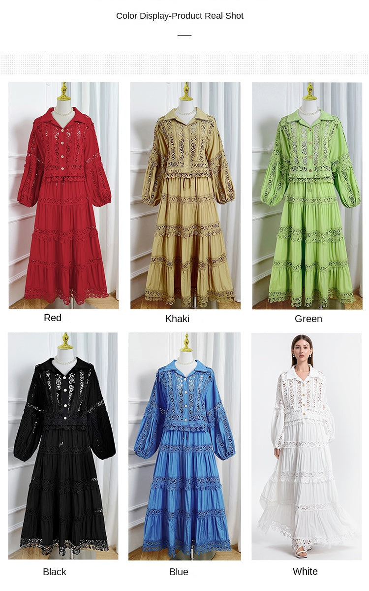 Meizhonggong boutique cut-out lapel lace stitched pendant lace maxi skirt set