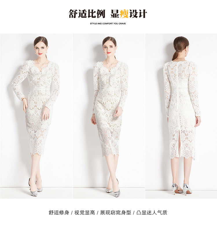 Original design for spring and summer water-soluble lace V-neck slim fit mid length dress for women