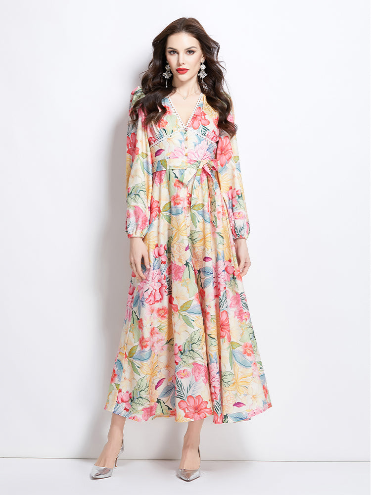 Original Design Spring/Summer Watercolor Flower Long Sleeve Retro Long Dress
