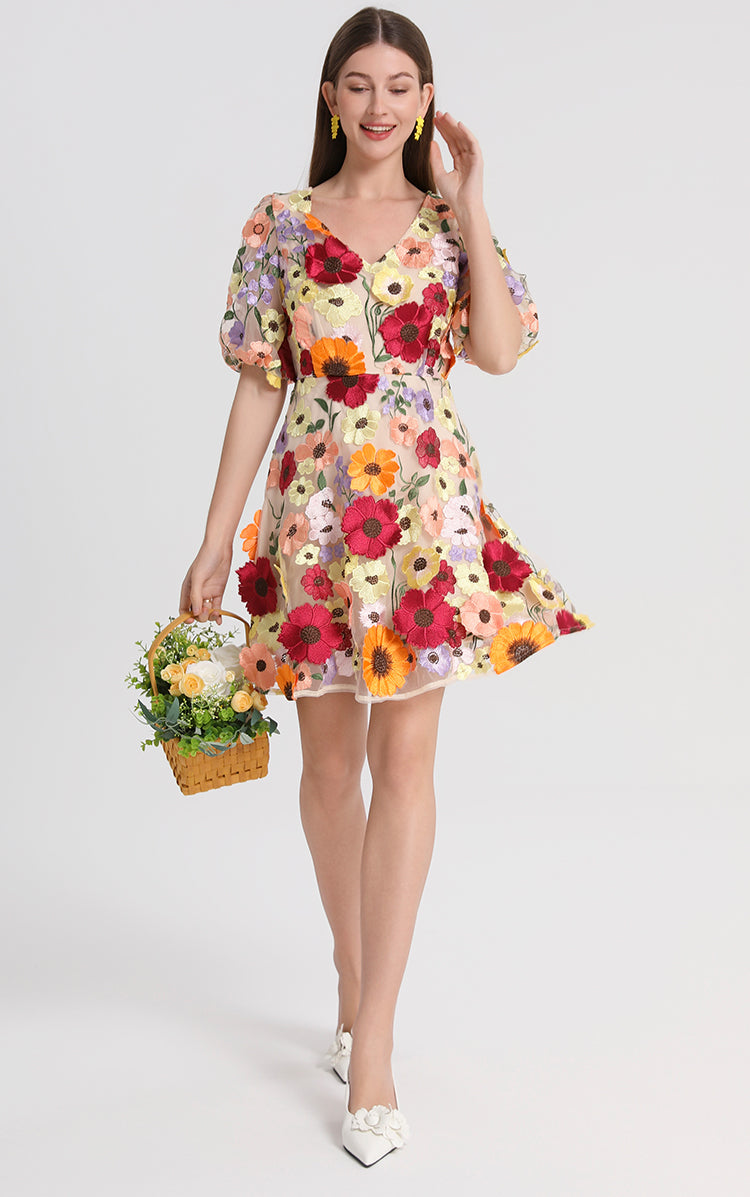Meizhonggong boutique color handmade three-dimensional embroidered puff sleeve French pendulum dress