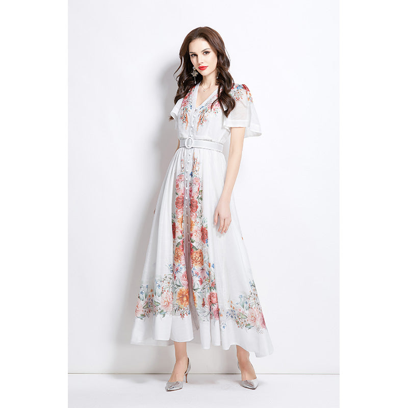Original design of a vintage long dress with watercolor floral short sleeves for spring and summer