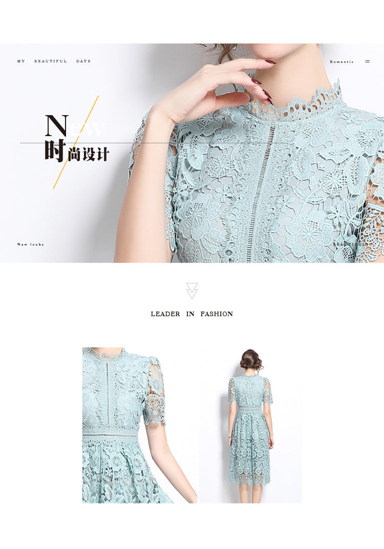 Original design short sleeved slimming hollow out water-soluble lace positioning mid length dress