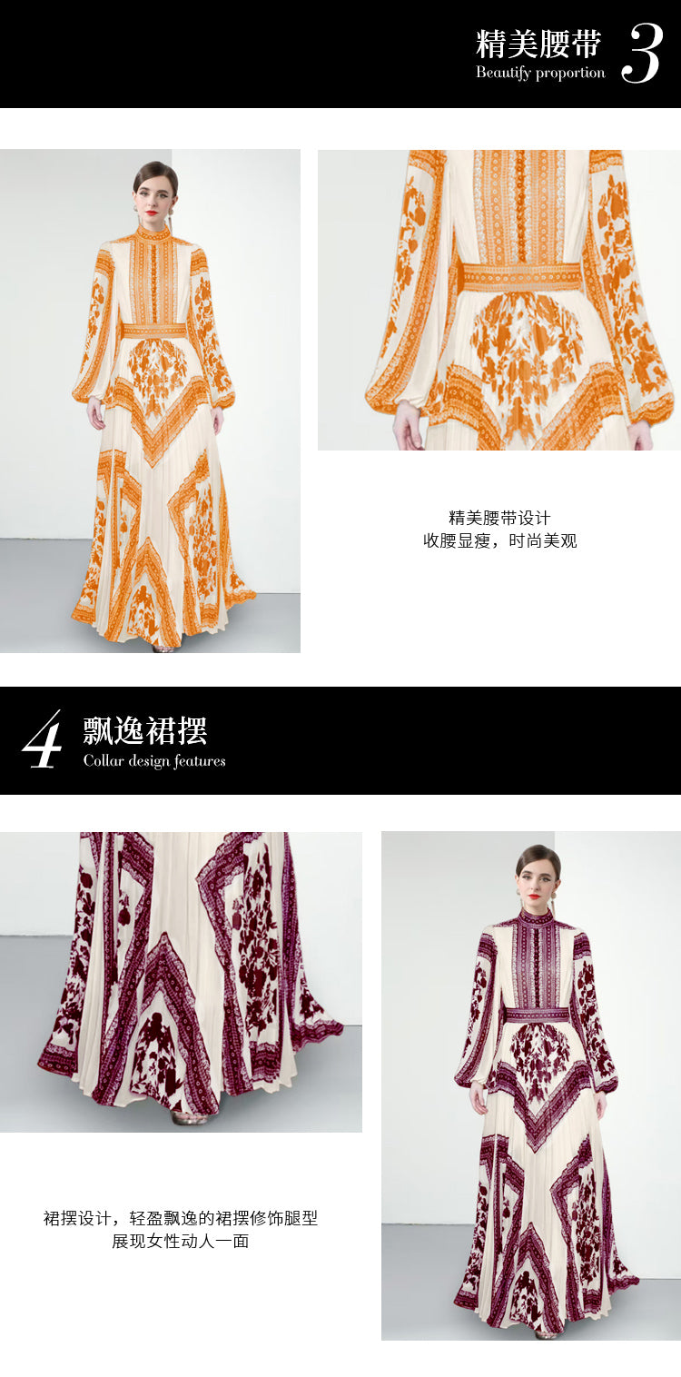 Original design for spring and summer printed evening gown, long pleated dress with large display
