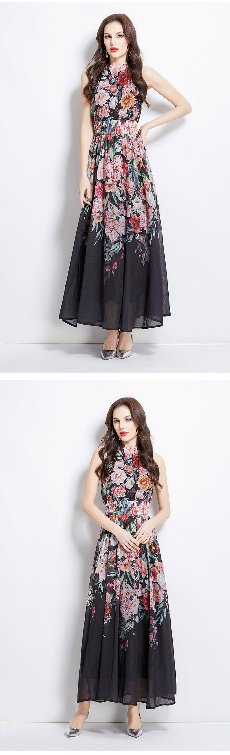 Original Design Spring/Summer Vacation New Oil Painting Flower Printed Hanging Neck Long Dress