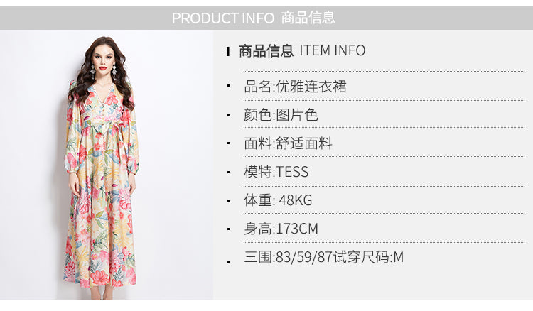 Original Design Spring/Summer Watercolor Flower Long Sleeve Retro Long Dress