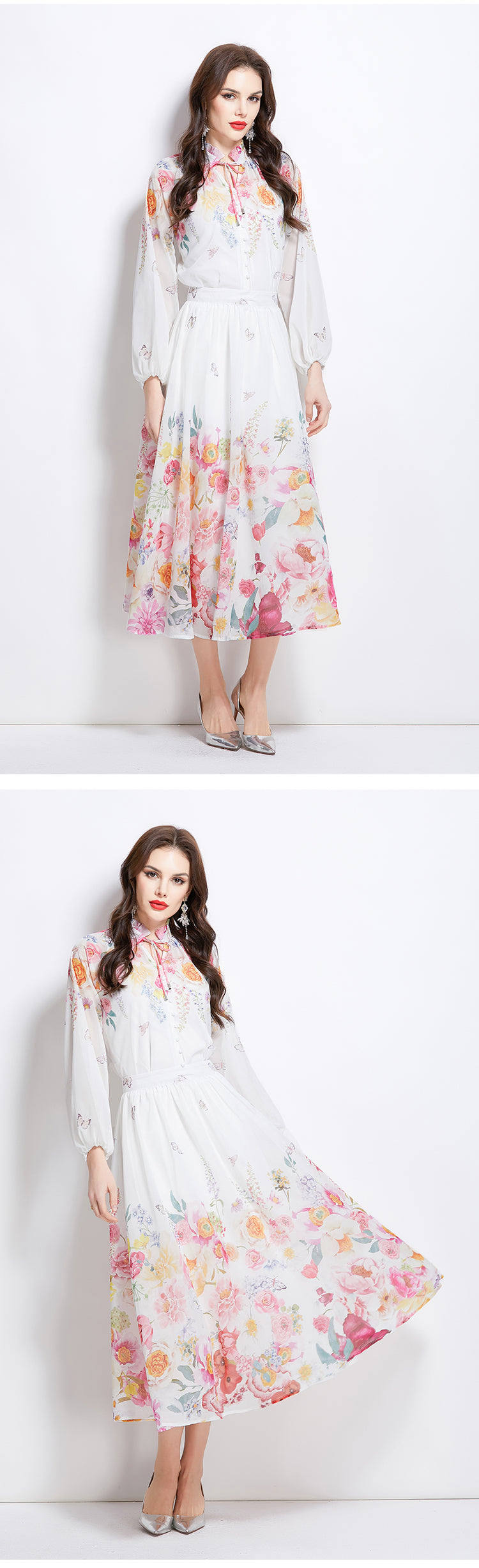 Original Design Spring Summer Autumn Vacation Lantern Sleeve Chiffon Shirt High Waist Half Skirt 2 Piece Set