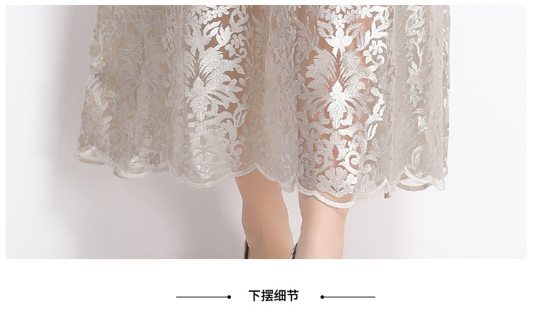 Original design mesh embroidered long dress with pockets, V-neck slim fit dress and belt