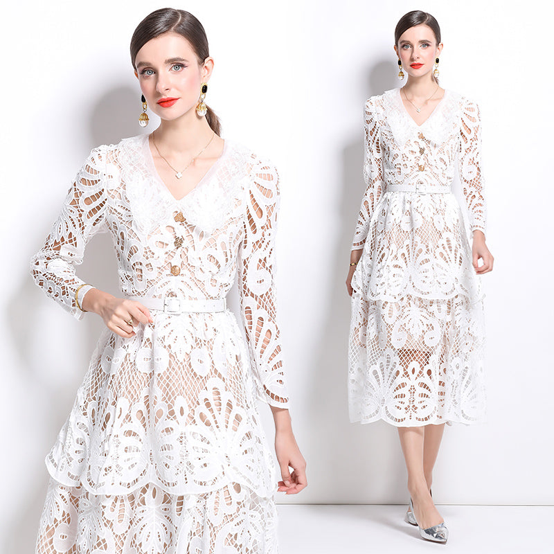 Original Design: Spring and Summer High End Water soluble Embroidered Medium length Skirt with V-neck and Waist cinching to Look Thin Dress