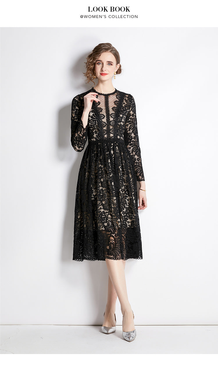 Original design for spring and summer lace slim fit lace dress with a slimming and age reducing mid length skirt for women