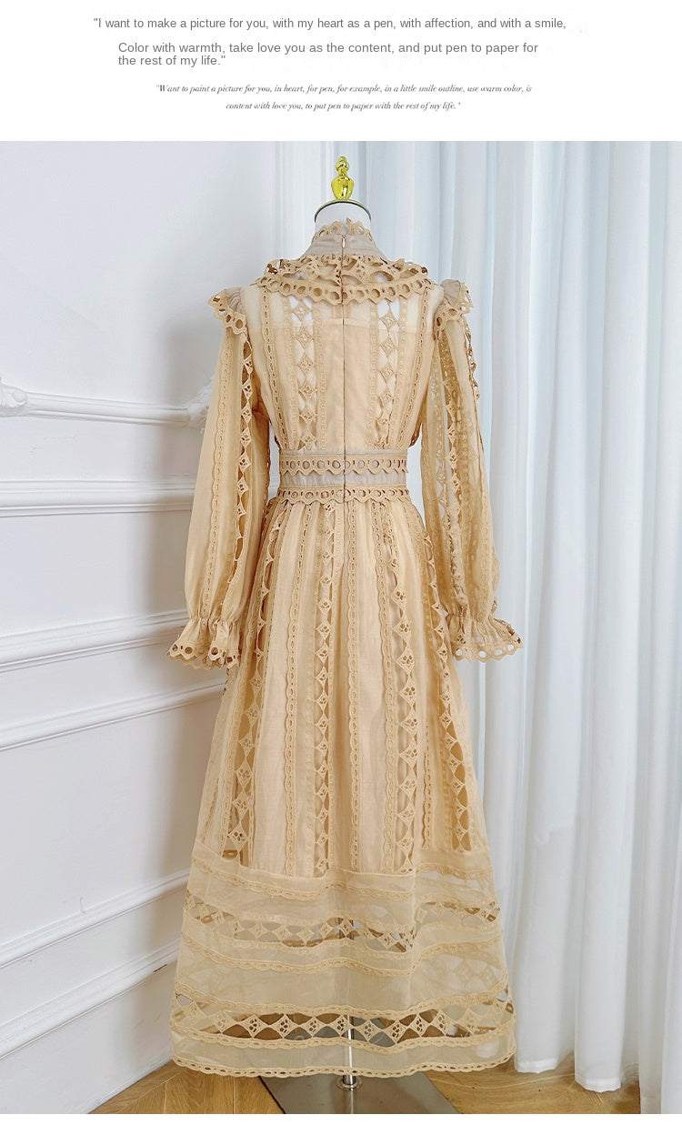 Original design graphic hollow embroidery solid color French long skirt with waist cinching temperament dress