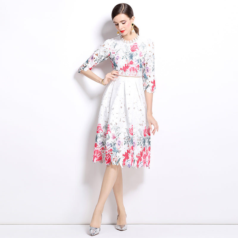 Original design mid long sleeved fashionable slimming hollow out water-soluble lace positioning mid length dress