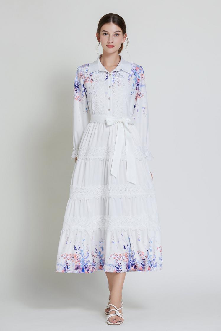 Original design fashionable bohemian lapel lace border lantern sleeves cinched waist long printed dress