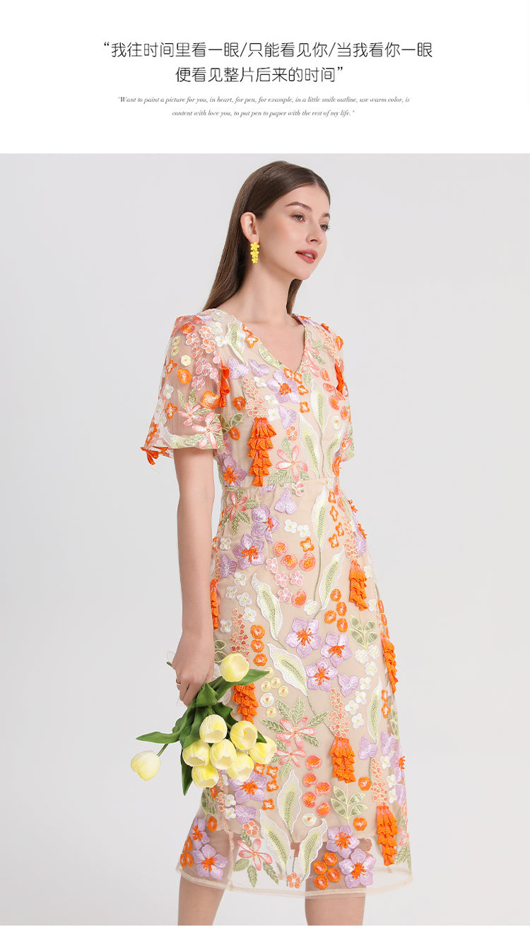 Artwork boutique handmade three-dimensional wheat ear embroidered French temperament dress