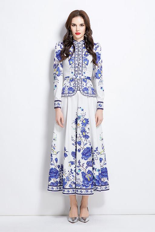 Original design for spring and summer ethnic style shirt top mid length skirt set