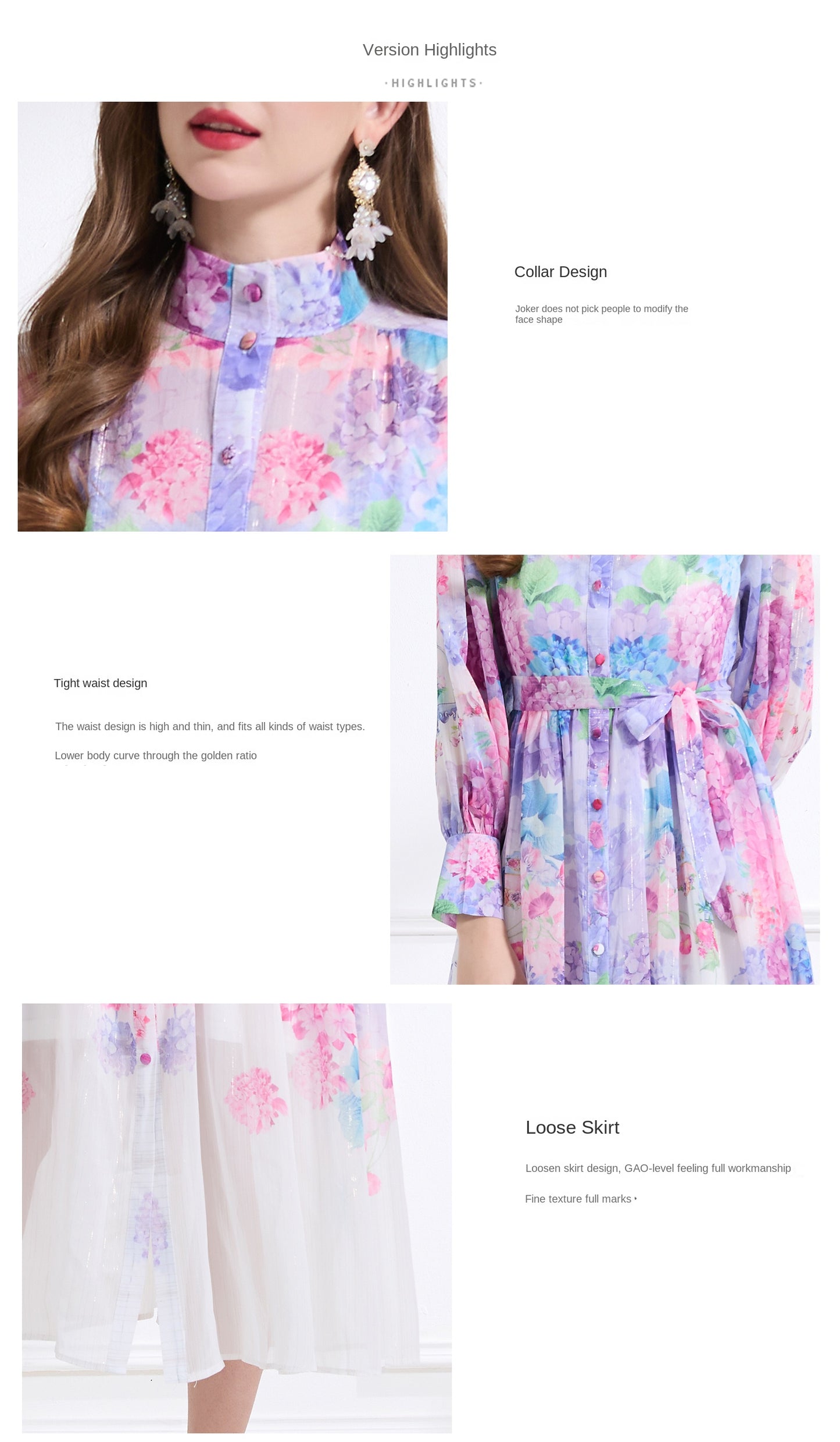Original design - stand collar, watercolor, floral print, balloon sleeves, cinched waist, large skirt, ruffled skirt