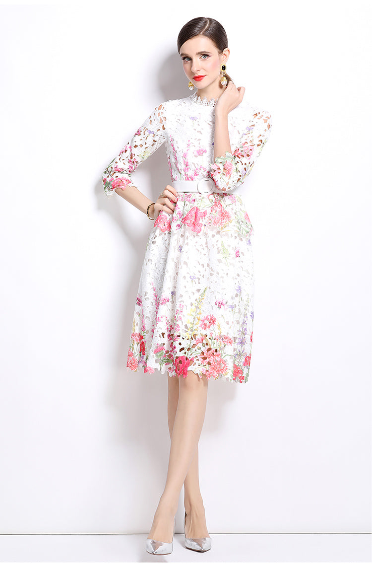 Original design mid long sleeved fashionable slimming hollow out water-soluble lace positioning mid length dress