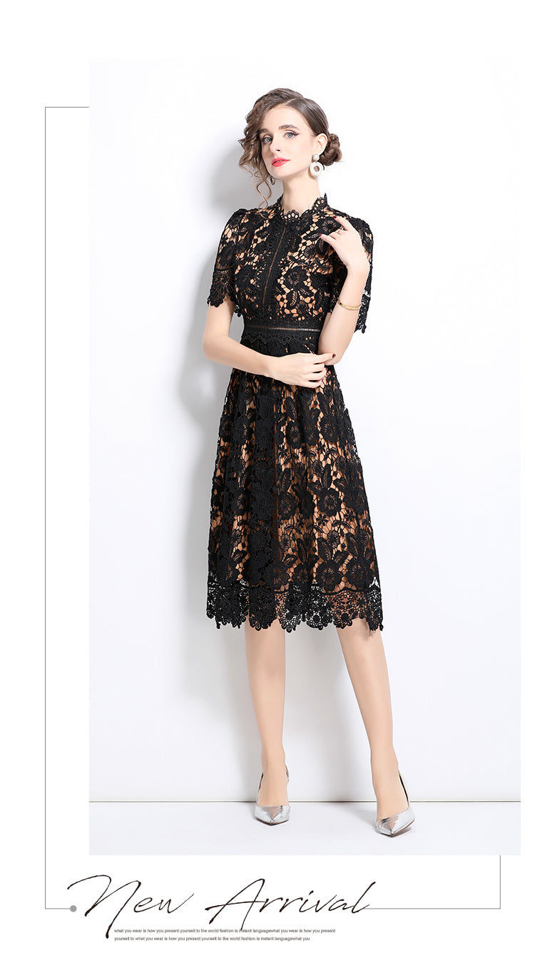 Original design short sleeved slimming hollow out water-soluble lace positioning mid length dress