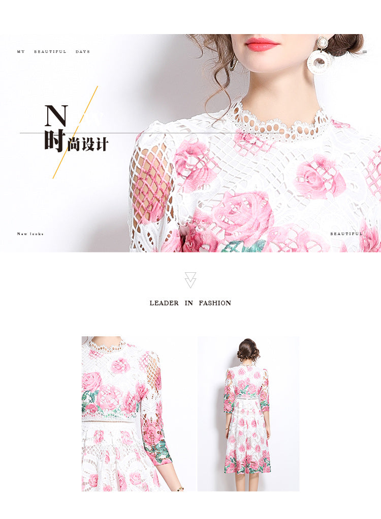 Original design mid long sleeved fashionable slimming hollow out water-soluble lace positioning mid length dress